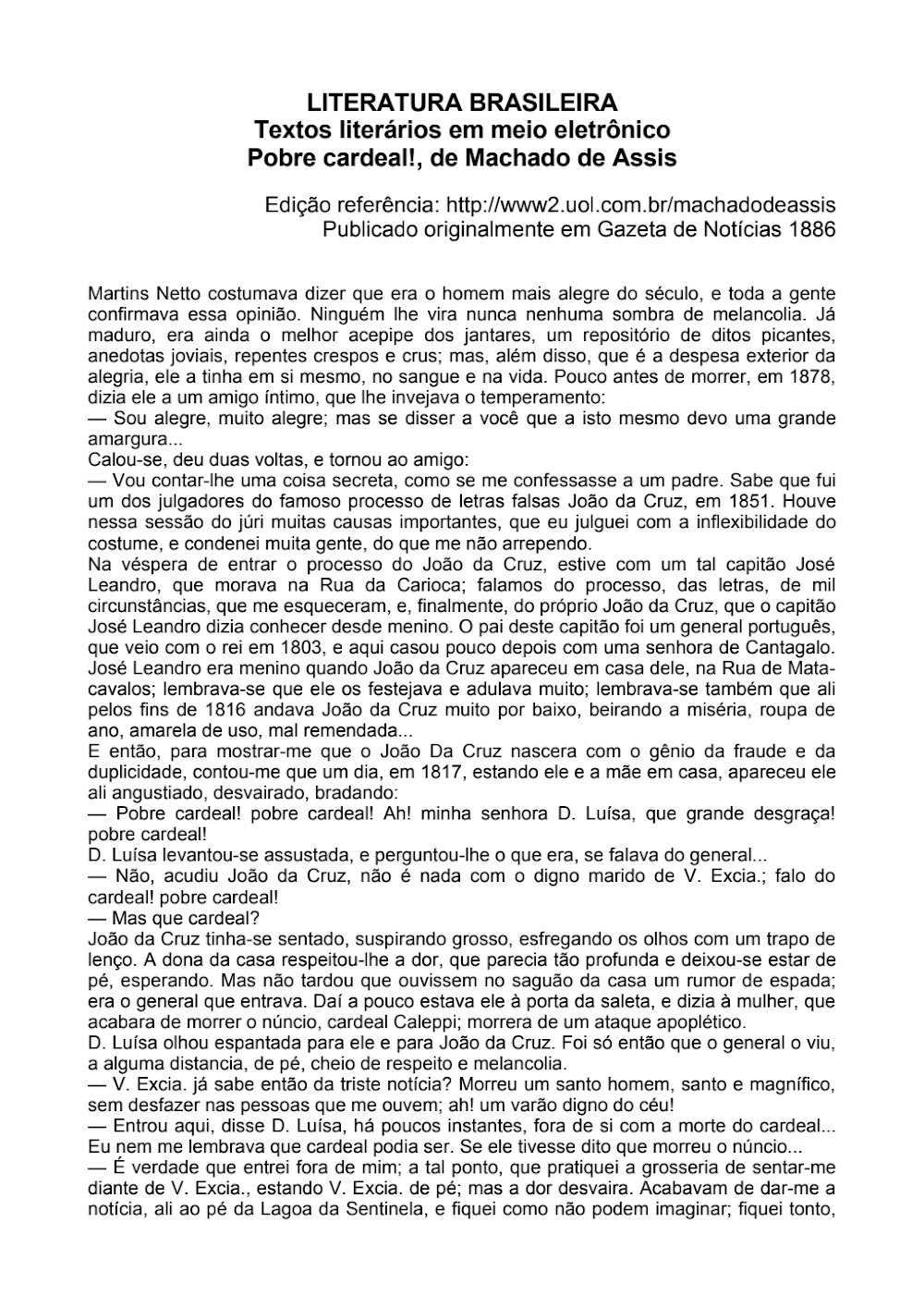 Pobre Cardeal! de Machado de Assis: Conto e Contexto Histórico