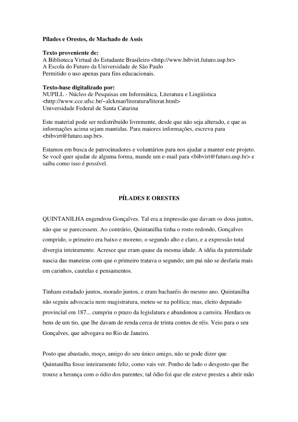 Conto Pílades e Orestes de Machado de Assis – PDF Grátis