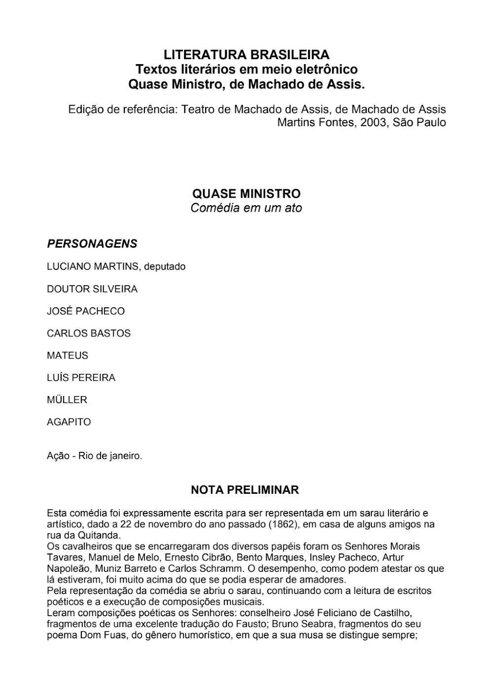 Quase Ministro de Machado de Assis: Peça e Contexto de 1862