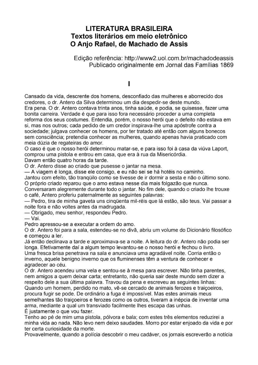 O Anjo Rafael: Conto de Machado de Assis no Acervo On-line