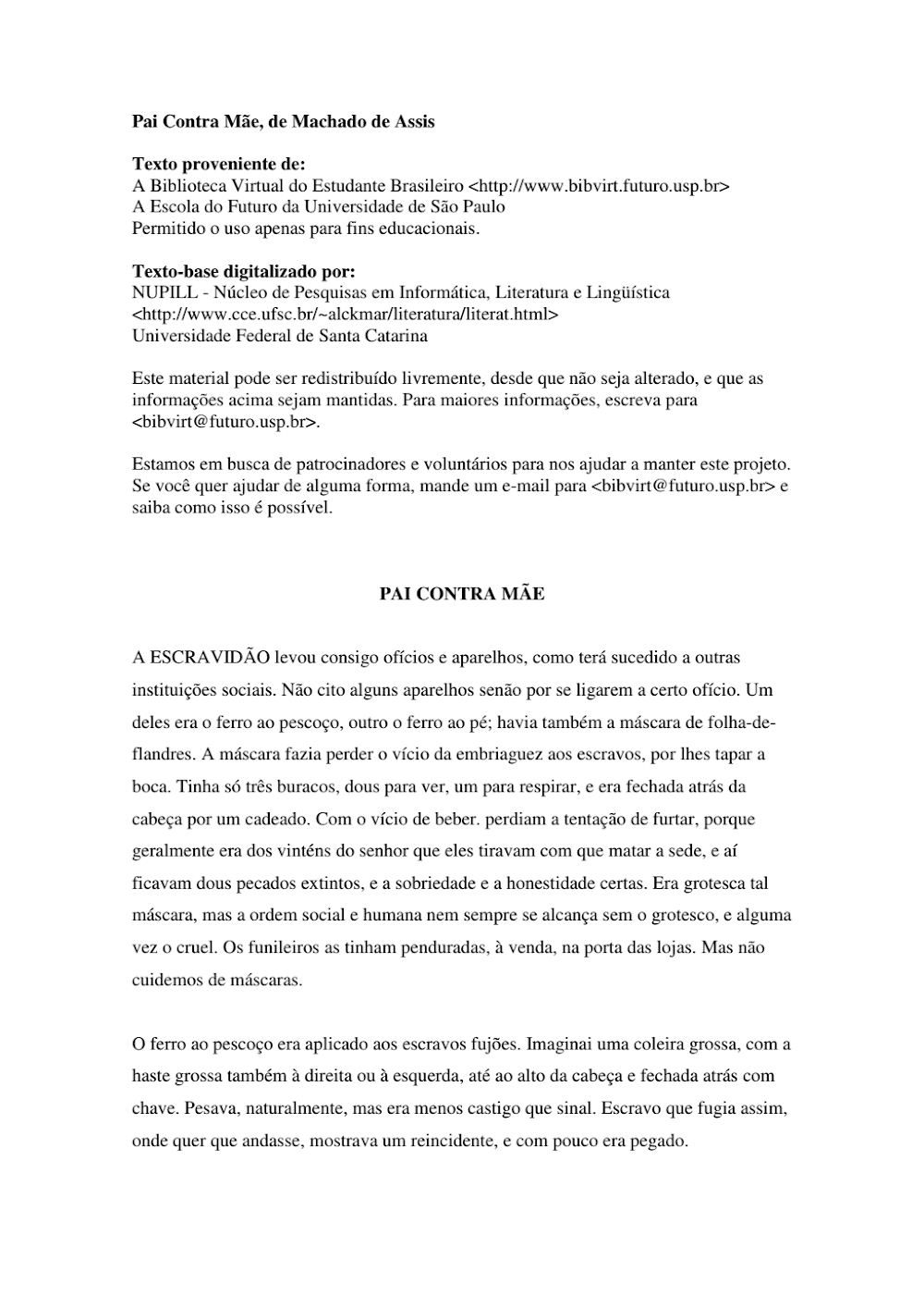 Pai Contra Mãe – Machado de Assis: Documento e Análise