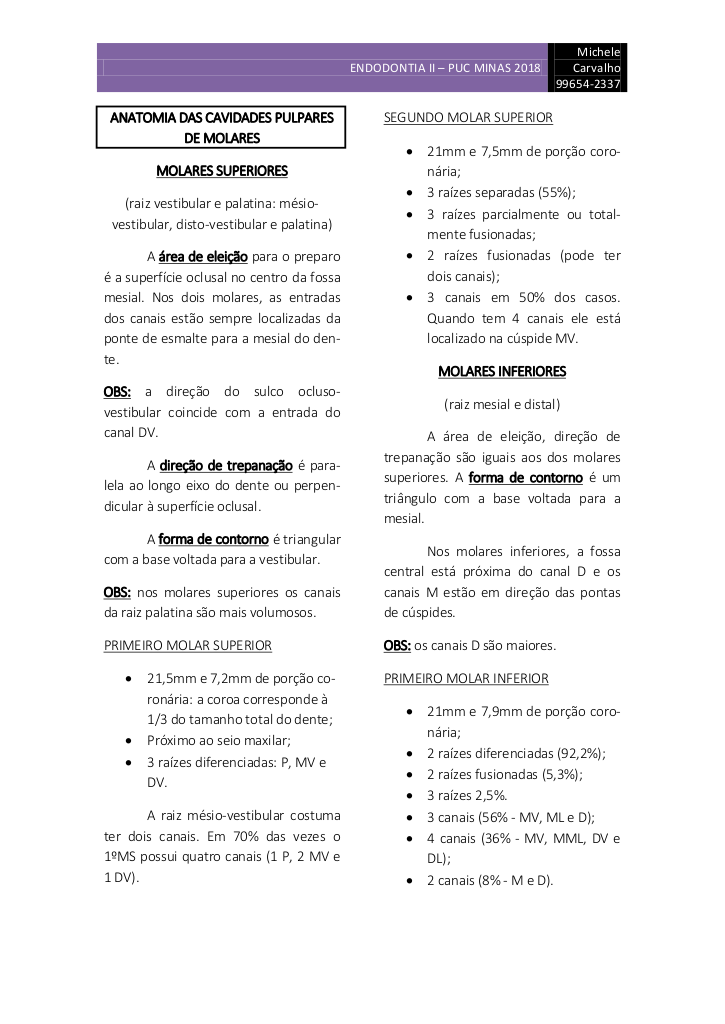 Anatomia das Cavidades Pulpares: Guia de Molares PUC Minas