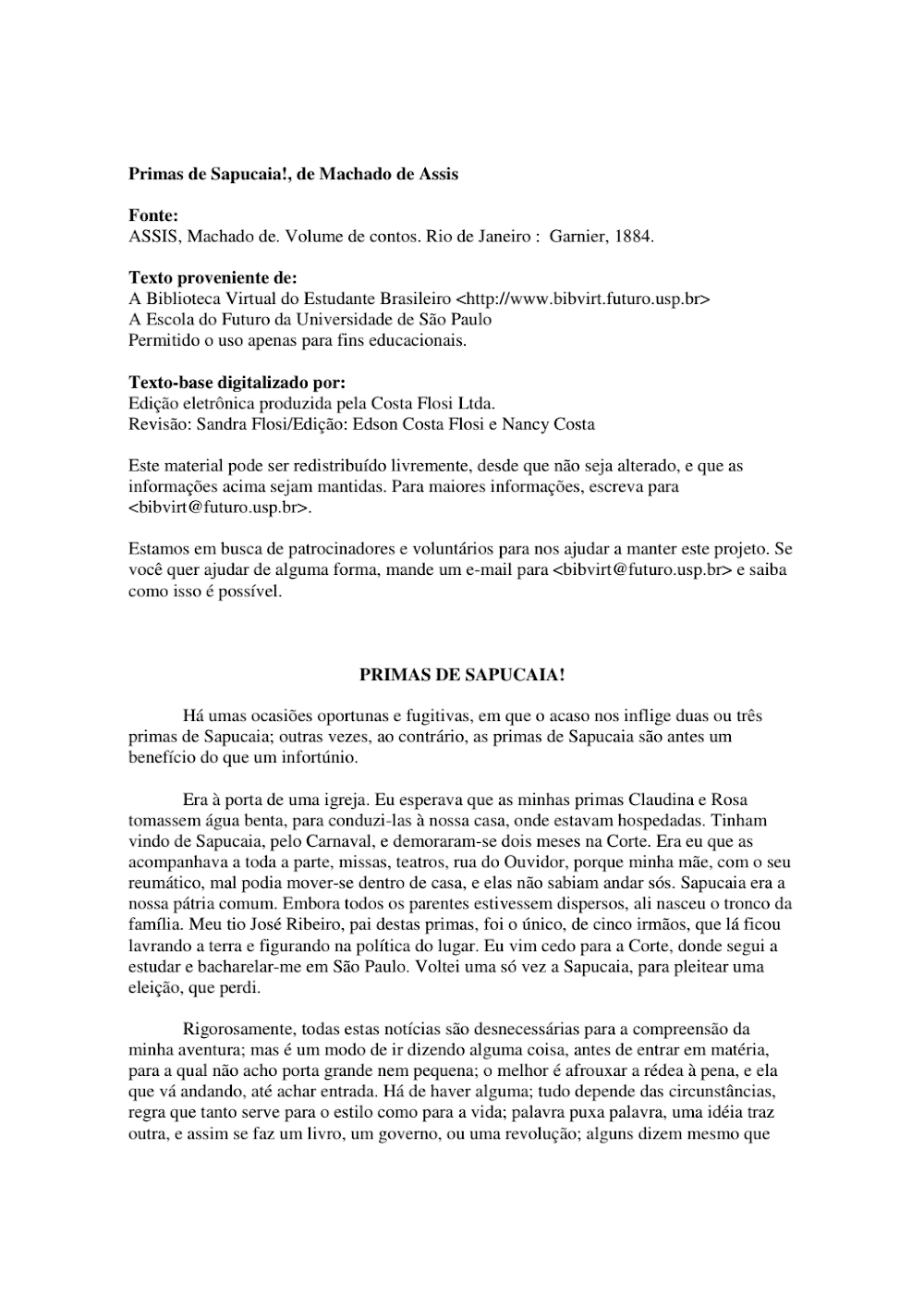 Conto Primas de Sapucaia de Machado de Assis: Texto Completo