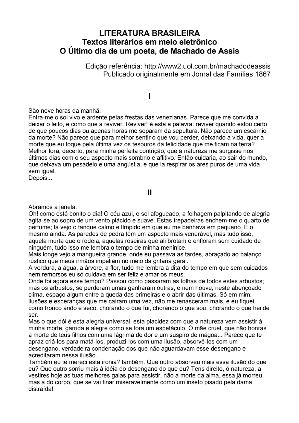 O Último Dia de um Poeta: Conto de Machado de Assis (1867)