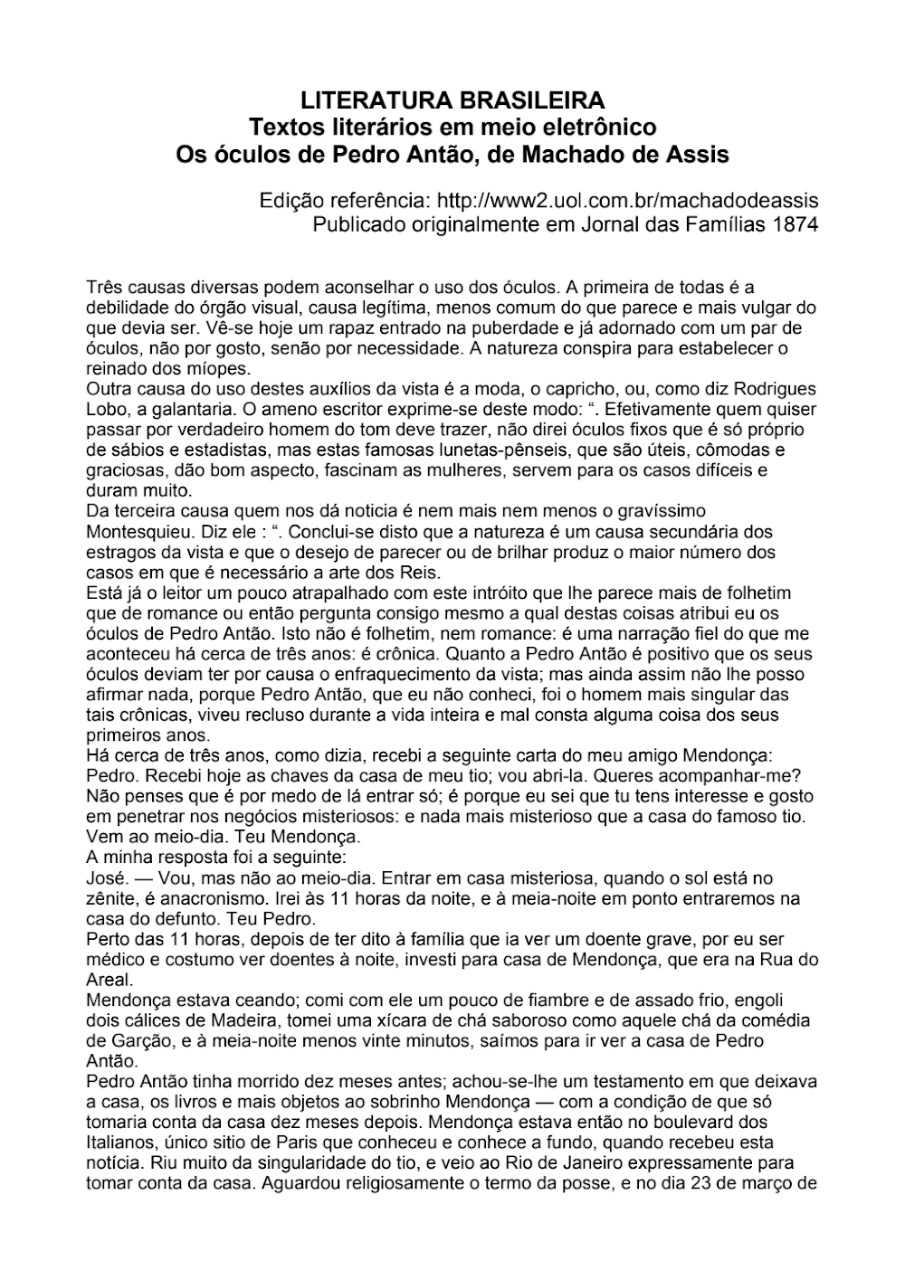 Os Óculos de Pedro Antão: Conto Digital de Machado de Assis