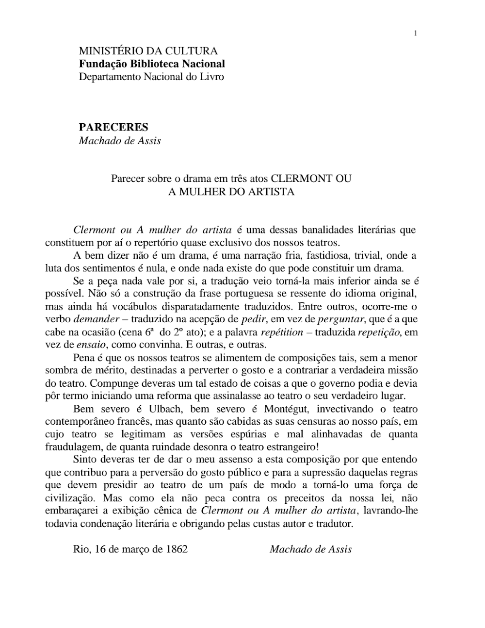 Parecer de Machado de Assis: Clermont ou A Mulher do Artista