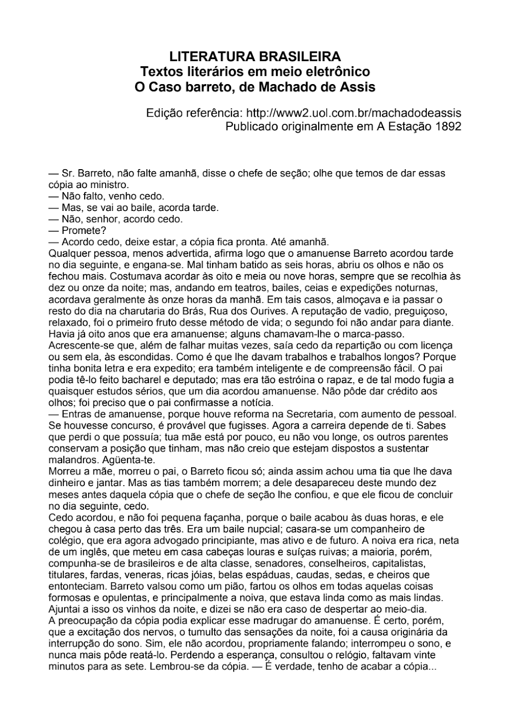 O Caso Barreto: Conto de Machado de Assis (1892)