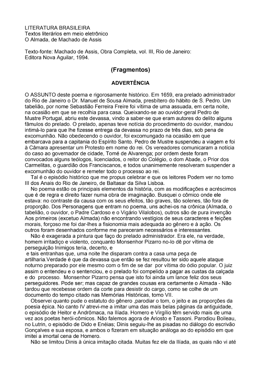 O Almada de Machado de Assis: Advertência e Versão Histórica