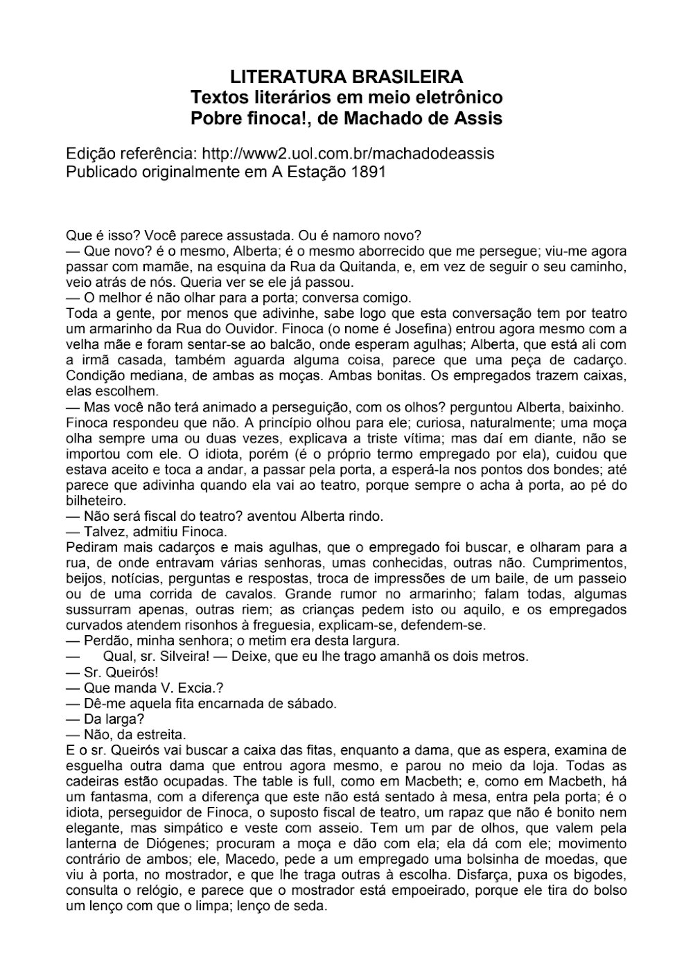 Pobre Finoca!: Conto de Machado de Assis (1891) – PDF
