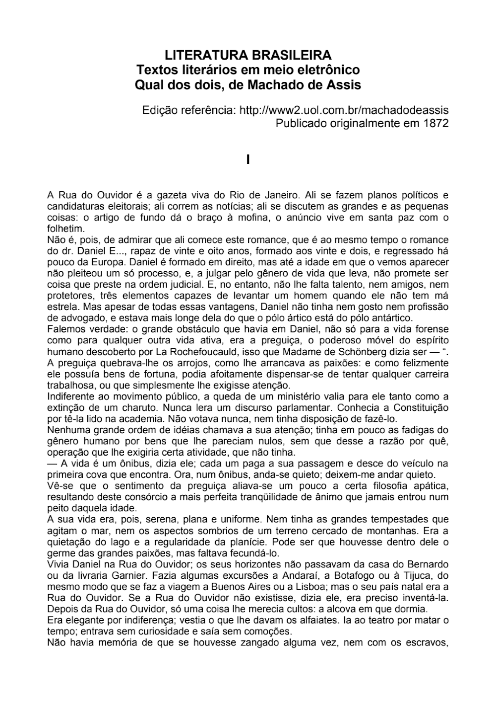Qual dos dois, de Machado de Assis: Conto de 1872 em PDF