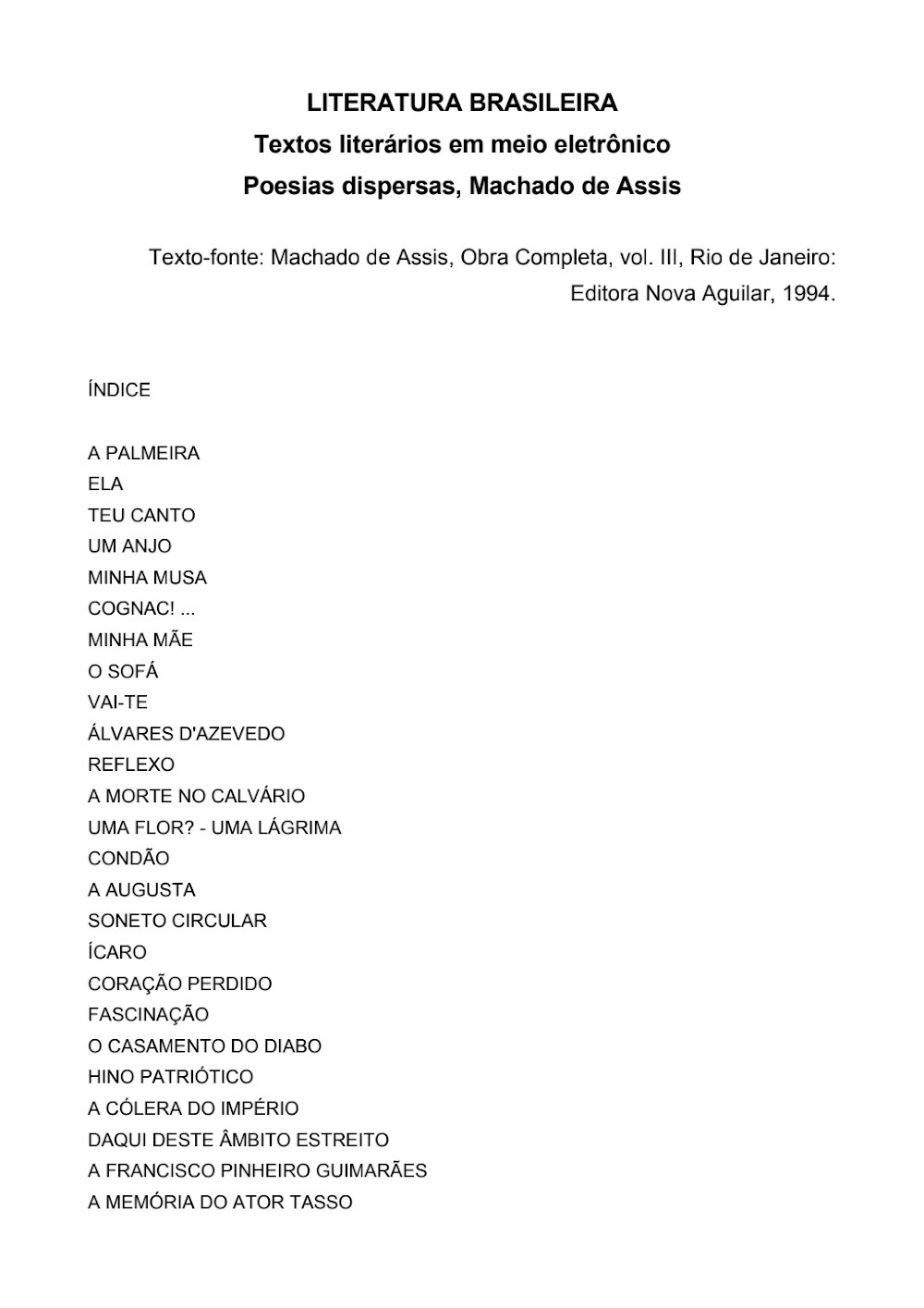 Poesias Dispersas de Machado de Assis: Índice da Obra Completa