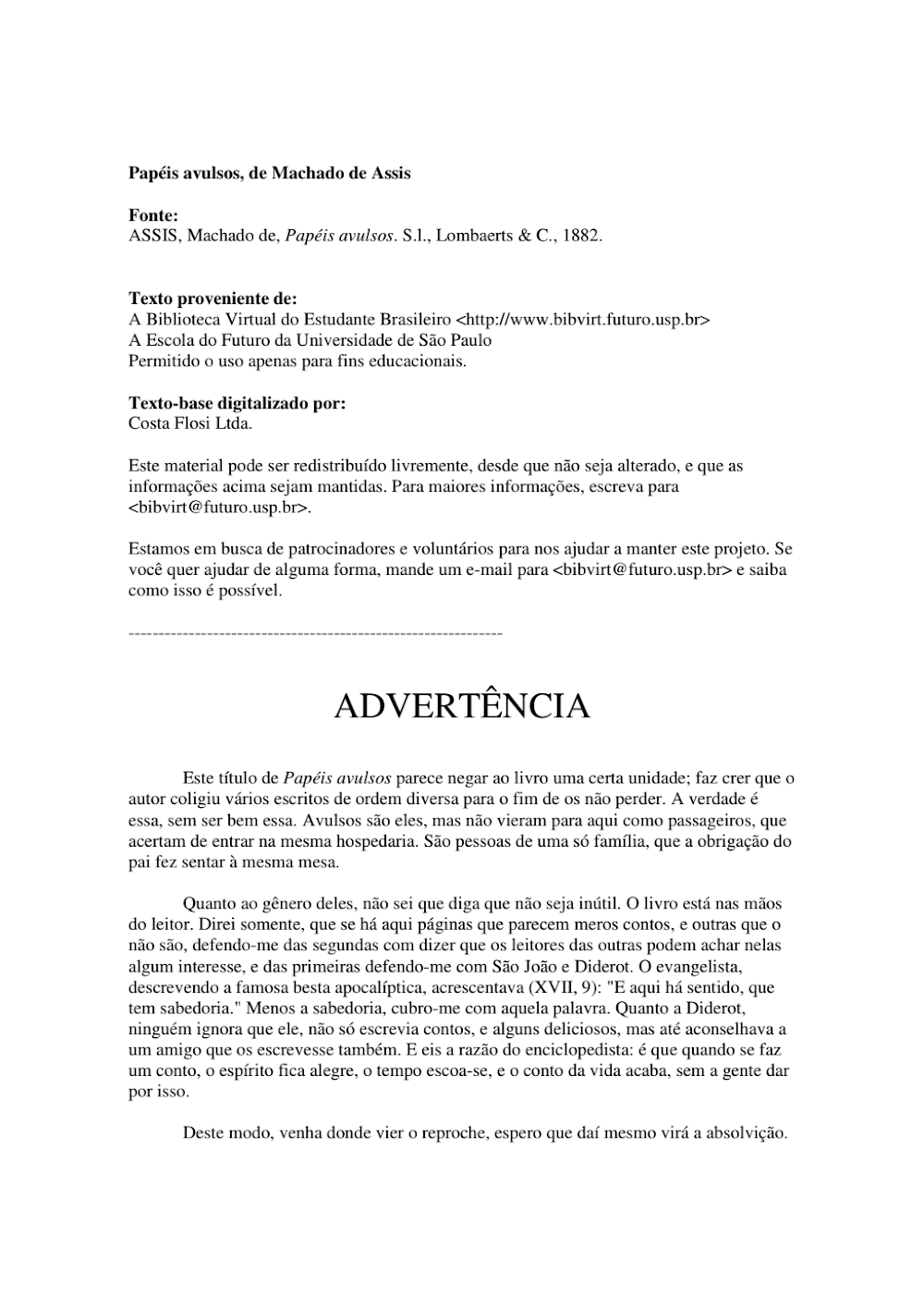 Papéis Avulsos de Machado de Assis: Advertência e Contexto