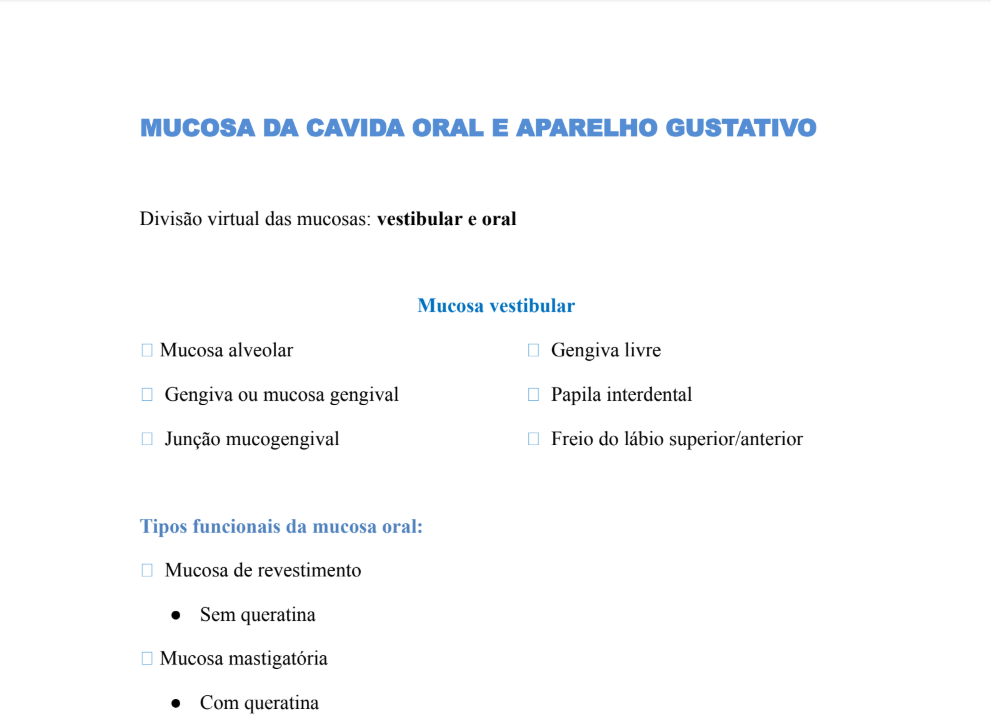 Mucosa da Cavidade Oral e Aparelho Gustativo: Anatomia e Função
