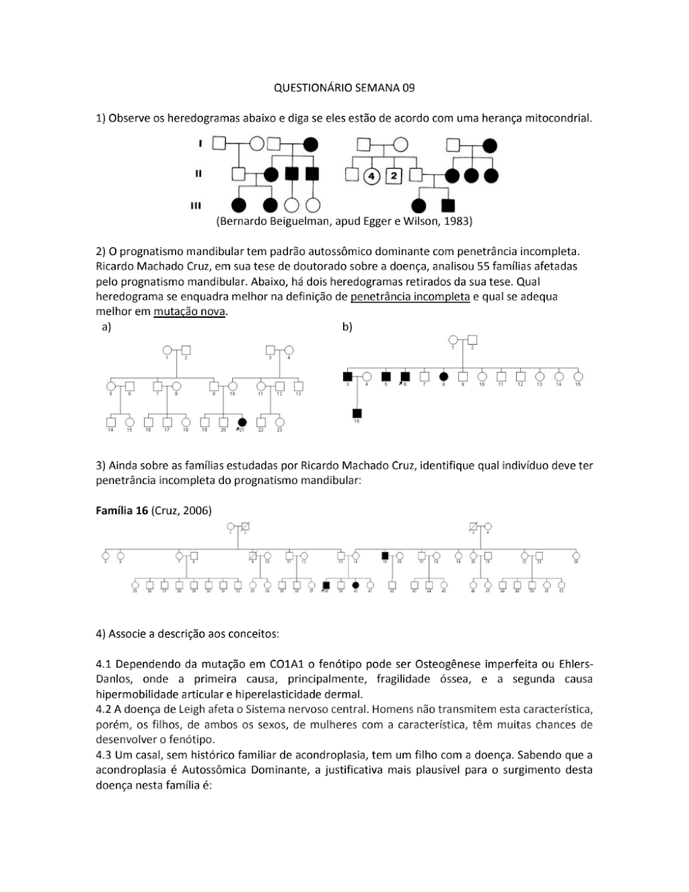 Questionário de Genética Humana: Questões sobre Heredogramas