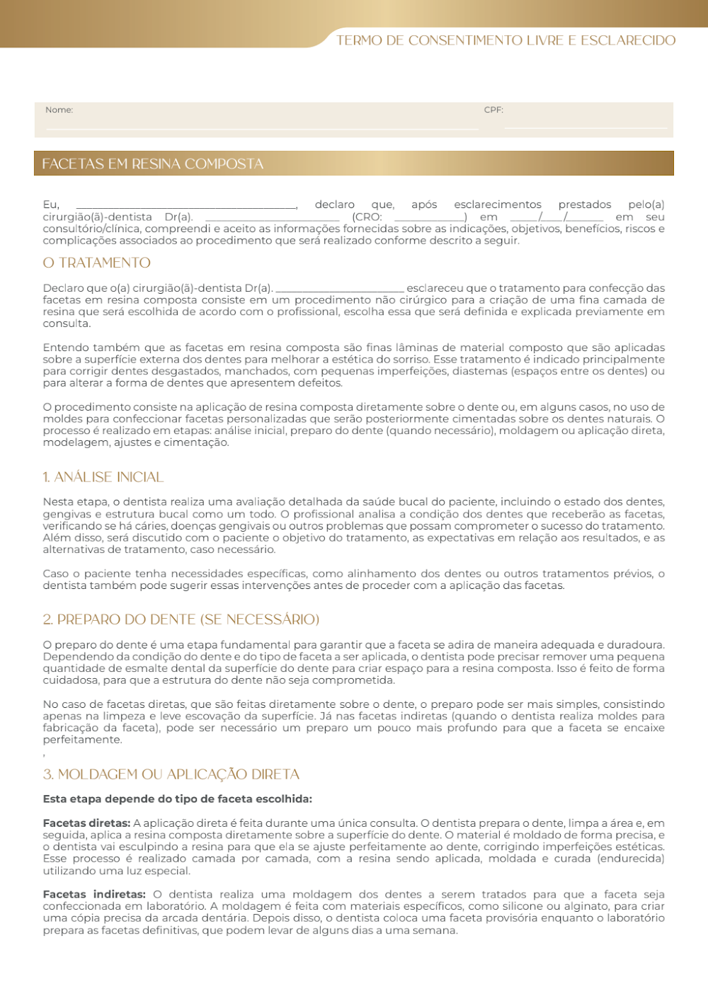 Termo de Consentimento para Facetas em Resina Composta
