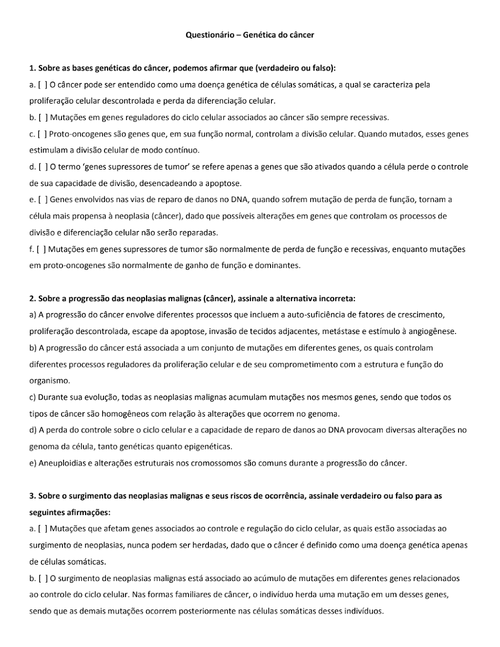 Questionário: Genética do Câncer e Questões Essenciais