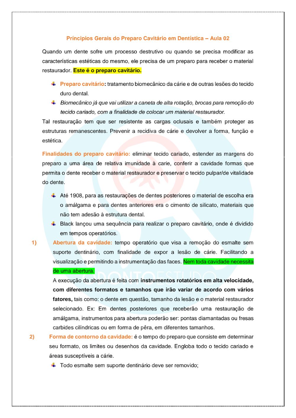 Princípios de Preparo Cavitário em Dentística: Aula 02 Completa
