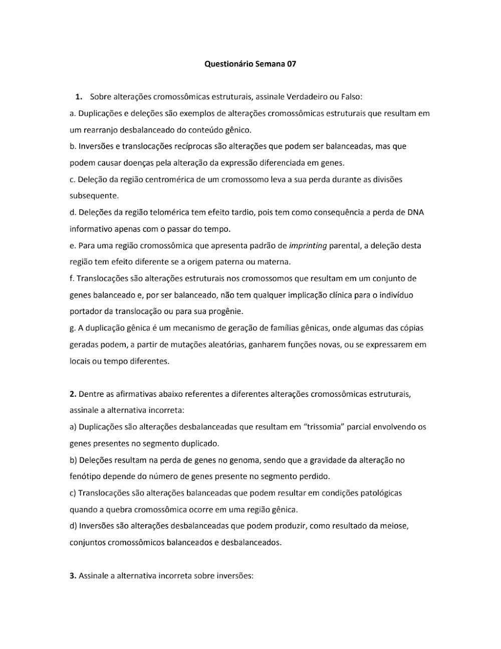 Questões de Genética: Alterações Cromossômicas Estruturais