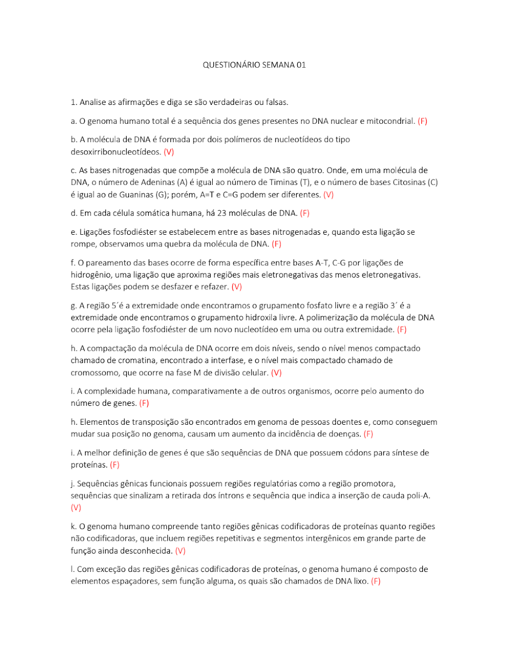 Questionário de Genética: DNA, Genoma e Genes (Semana 01)
