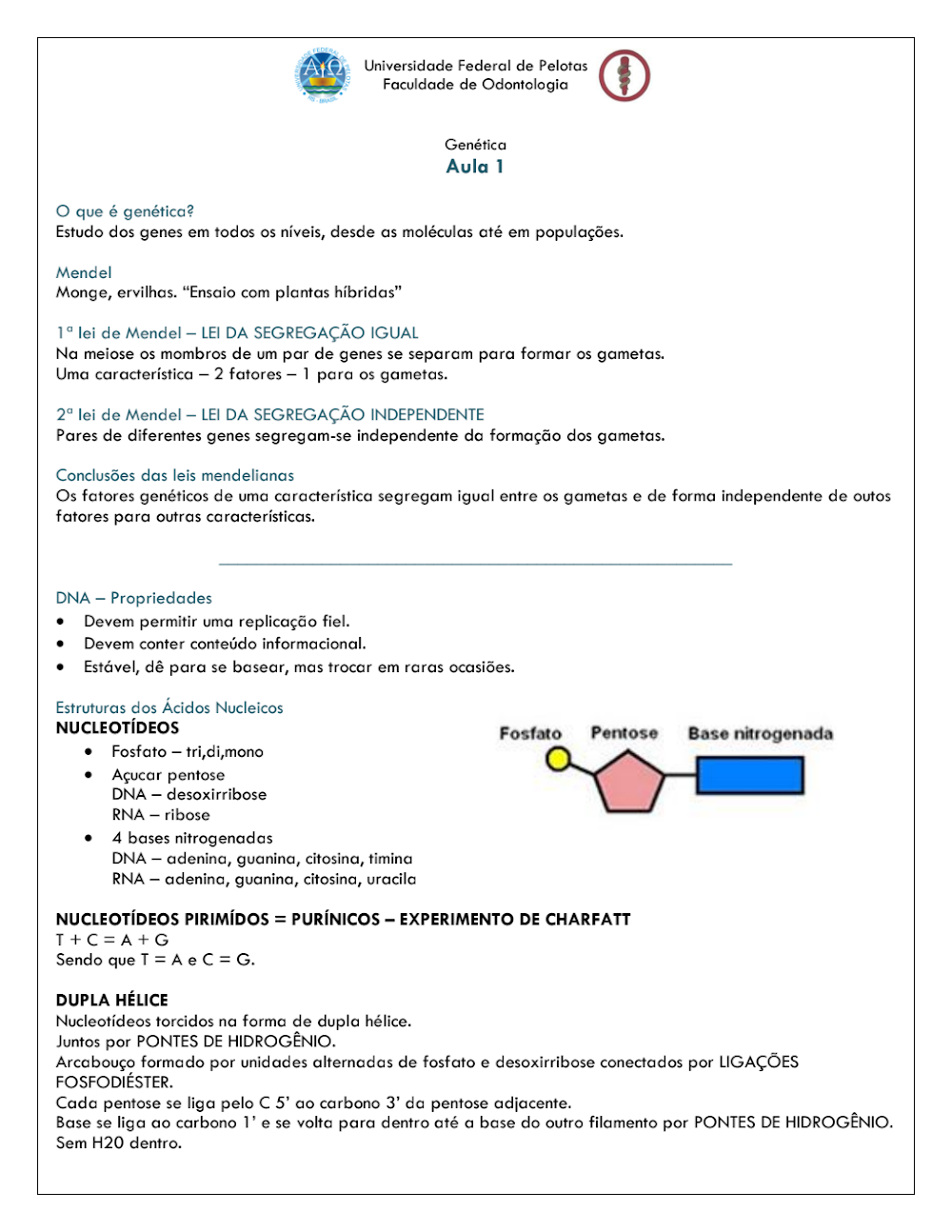 Resumo de Genética: Leis de Mendel, DNA e RNA – Aula 1