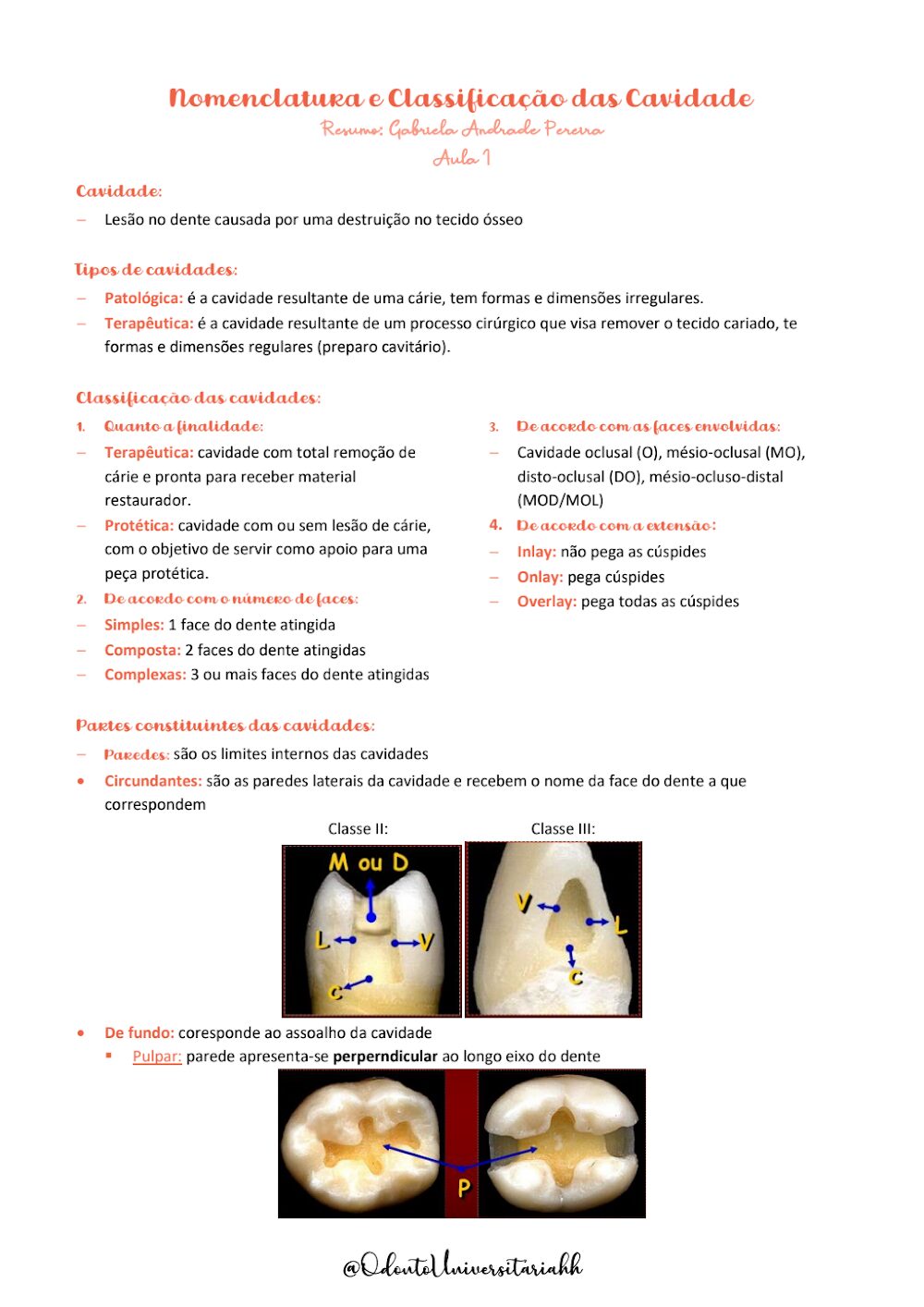 Nomenclatura e Classificação de Cavidades Dentárias: Resumo