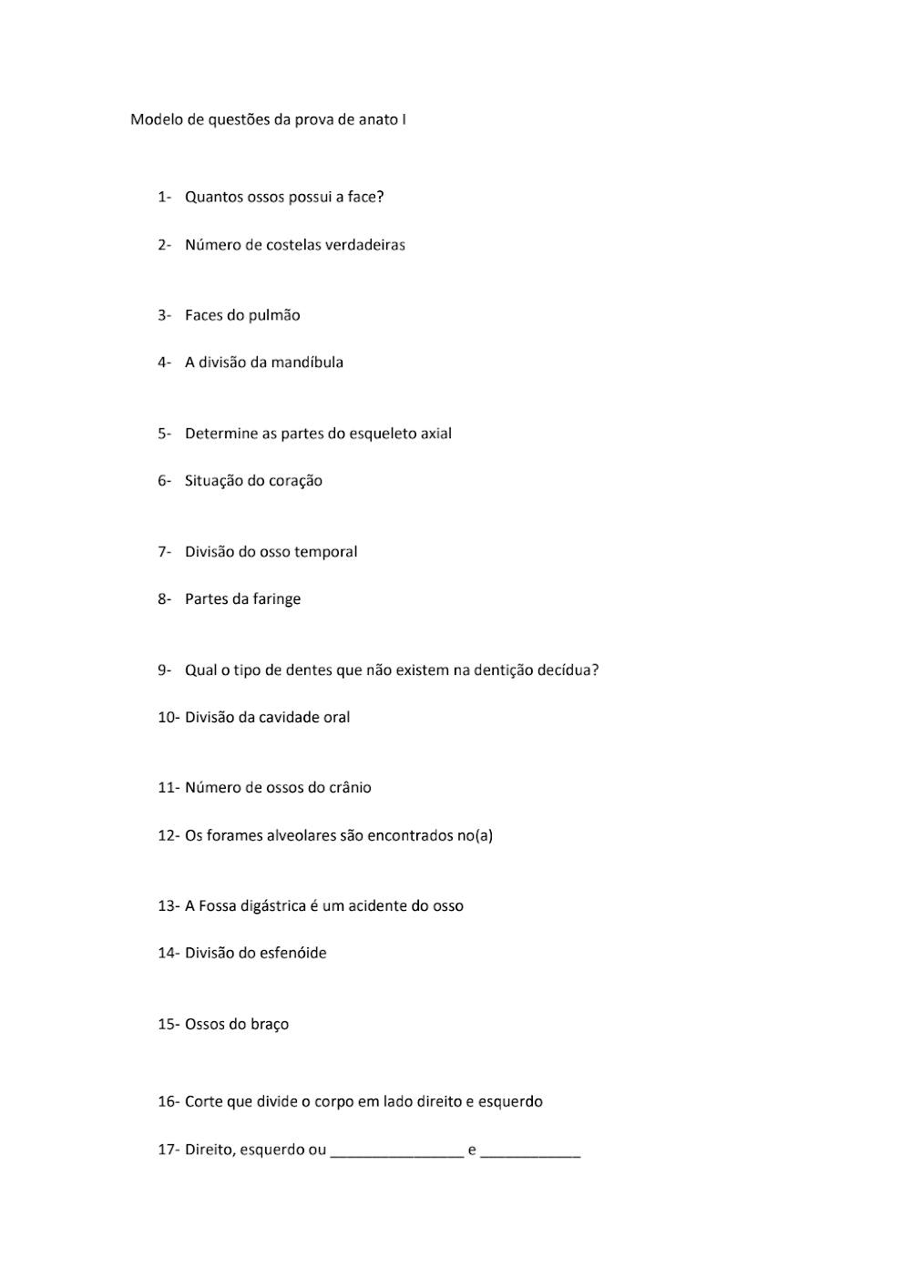 Questões de Anatomia Humana I: Modelo de Prova Essencial