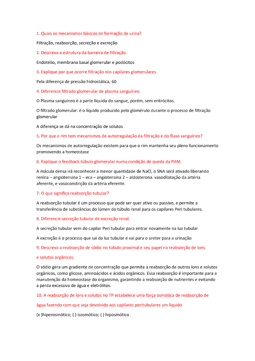 Questões de Fisiologia Renal: Urina, Filtração e Reabsorção