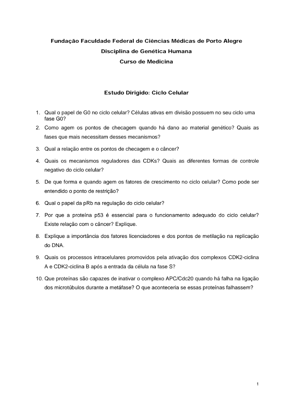 Estudo Dirigido: Questões de Ciclo Celular em Genética Humana