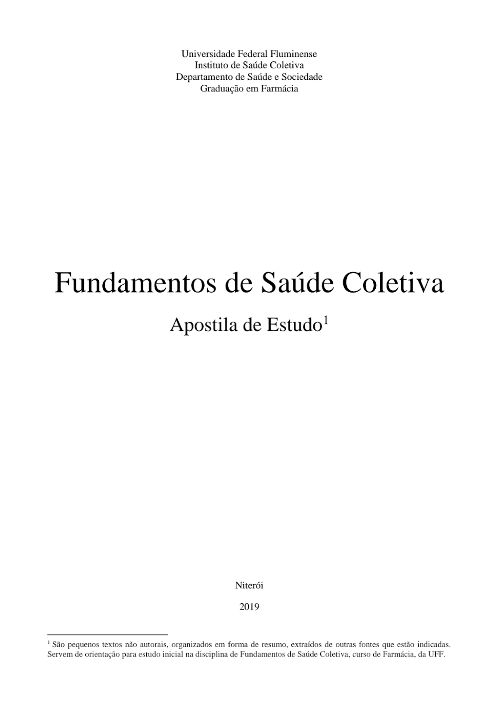 Fundamentos de Saúde Coletiva UFF: Apostila de Estudo 2019