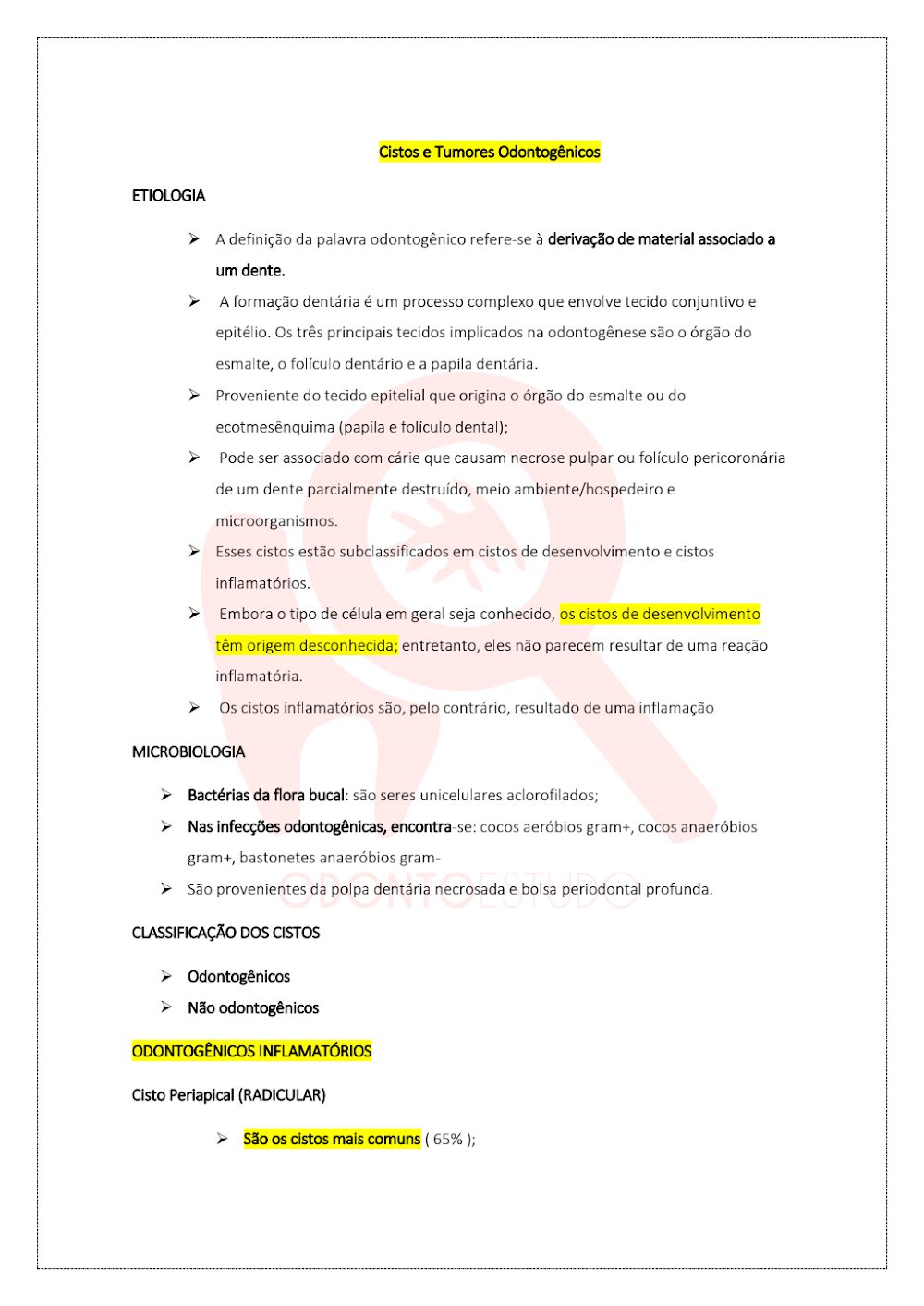 Cistos e Tumores Odontogênicos: Etiologia e Microbiologia