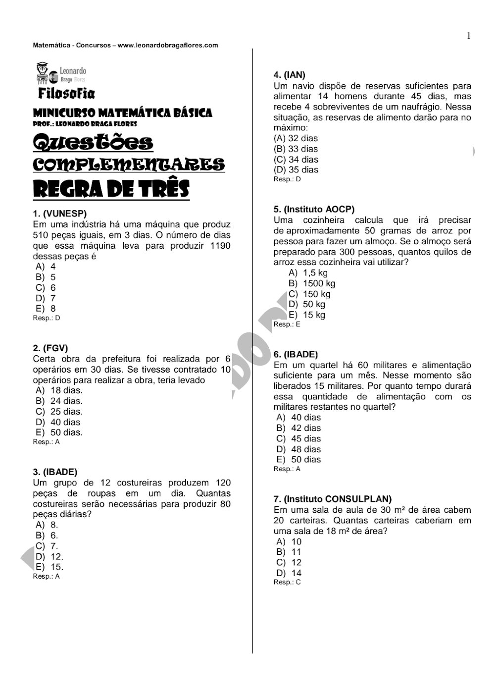 Regra de Três: Exercícios para Concursos – Prof. Leonardo Braga Flores