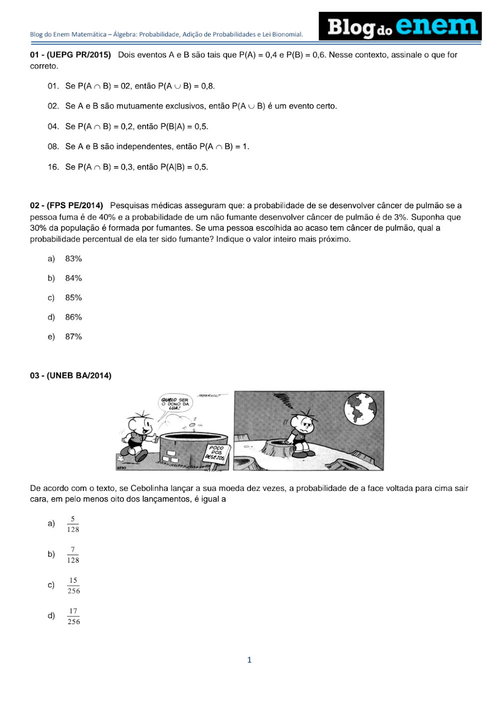 Exercícios de Probabilidade e Lei Binomial para Vestibular