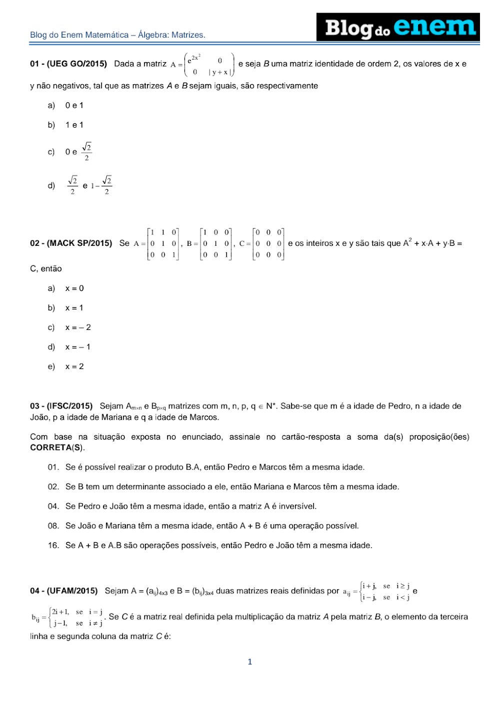 Exercícios de Álgebra: Matrizes para ENEM e Vestibulares