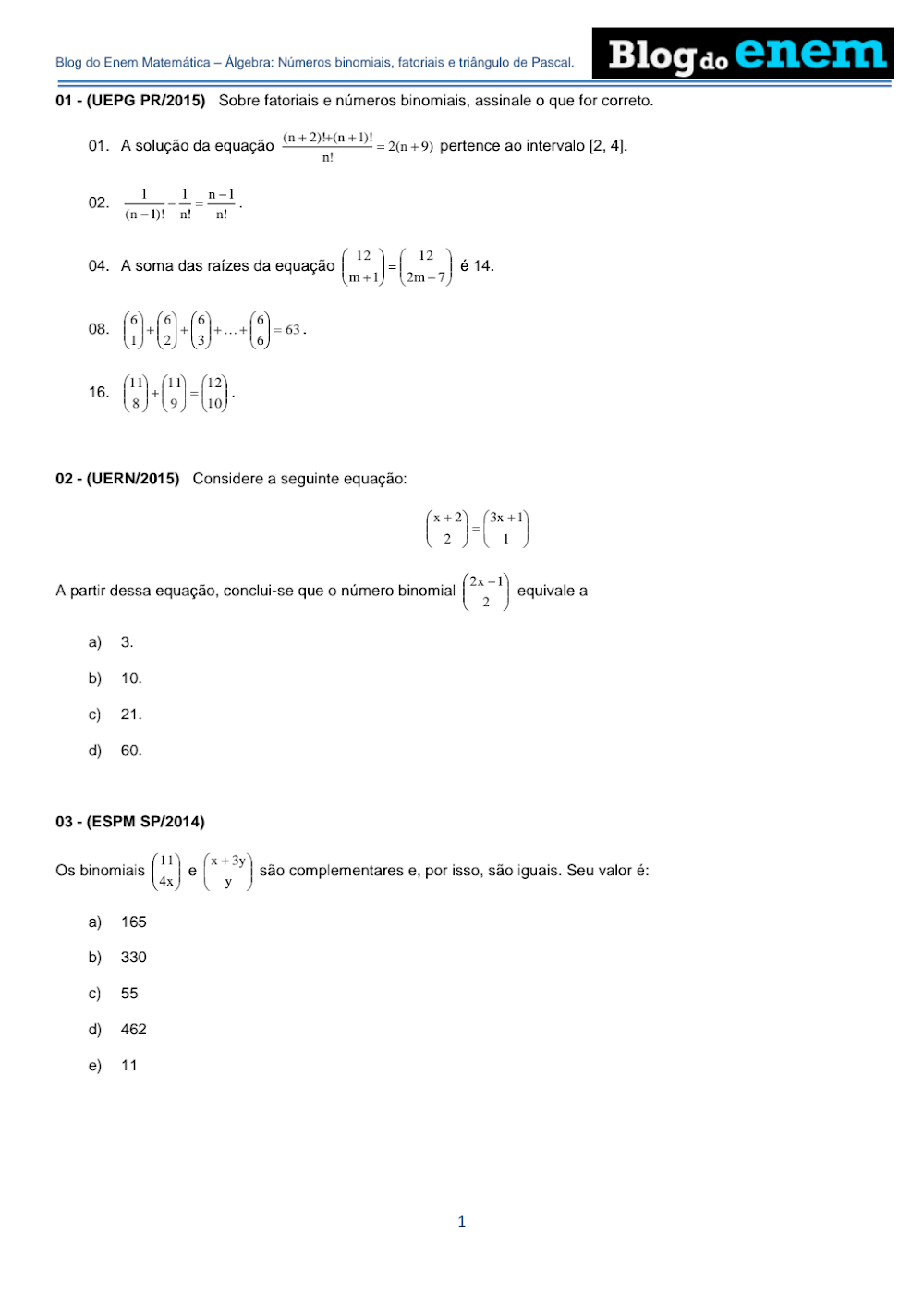 Exercícios de Números Binomiais, Fatoriais e Triângulo Pascal