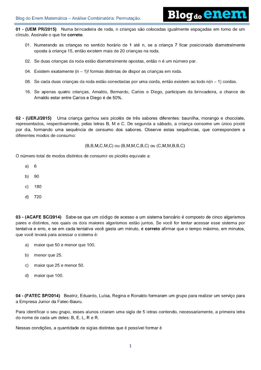 Exercícios de Análise Combinatória: Permutação Blog do Enem