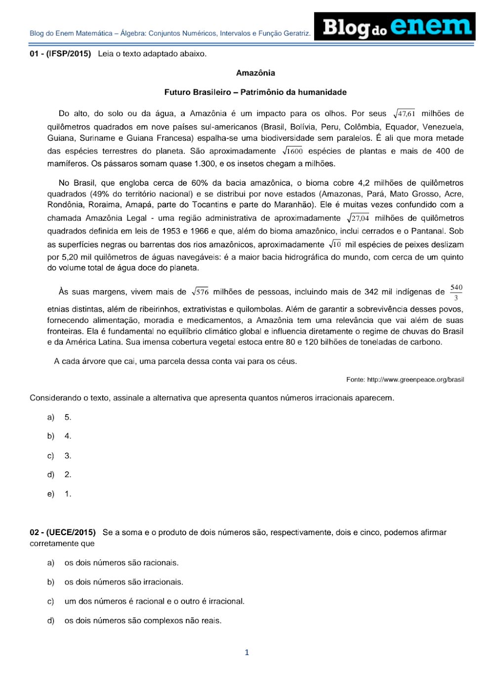 Lista de Exercícios: Conjuntos Numéricos e Álgebra (2015)